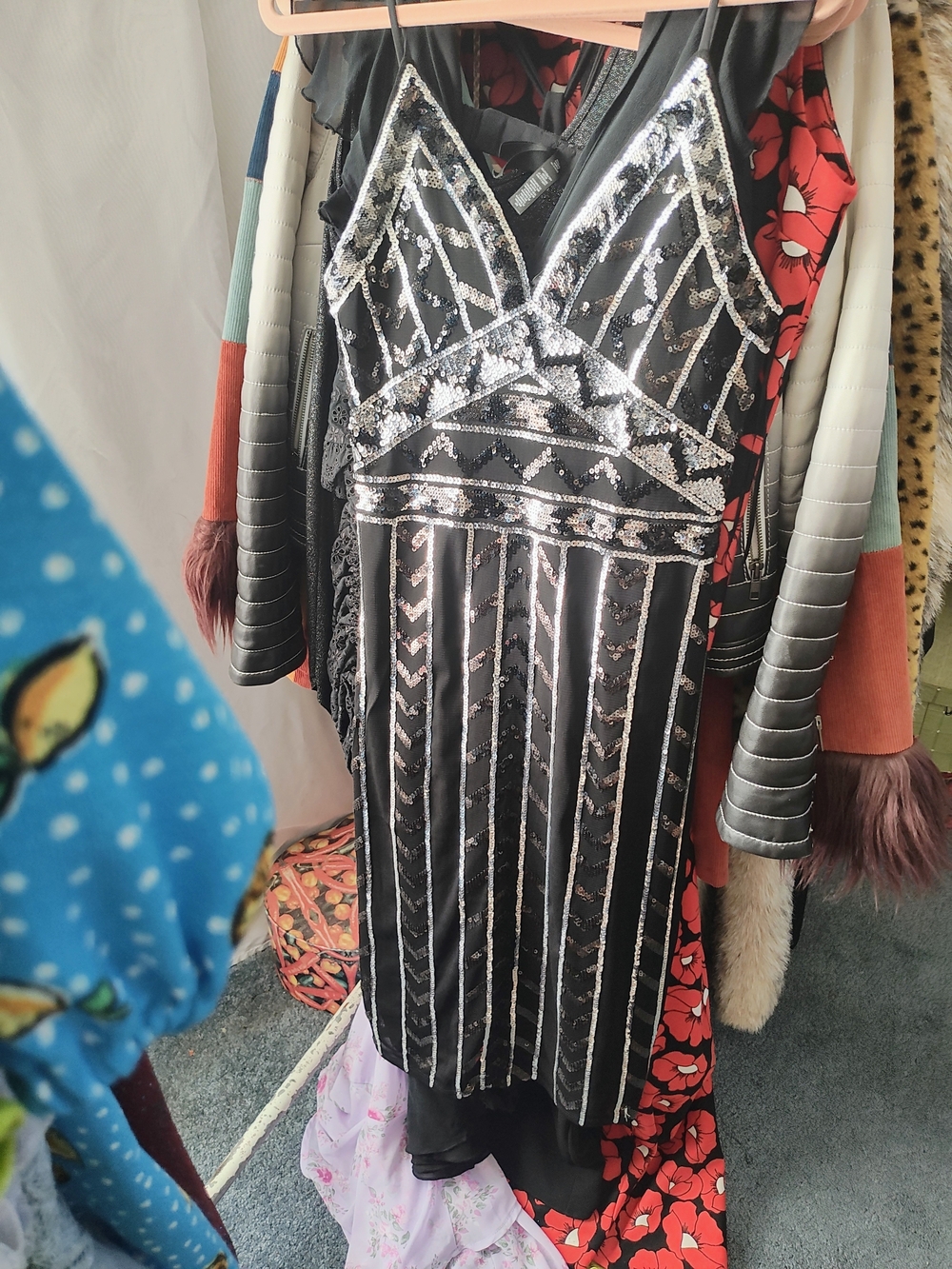 Express Black Sequin Midi Dress with Silver Accents